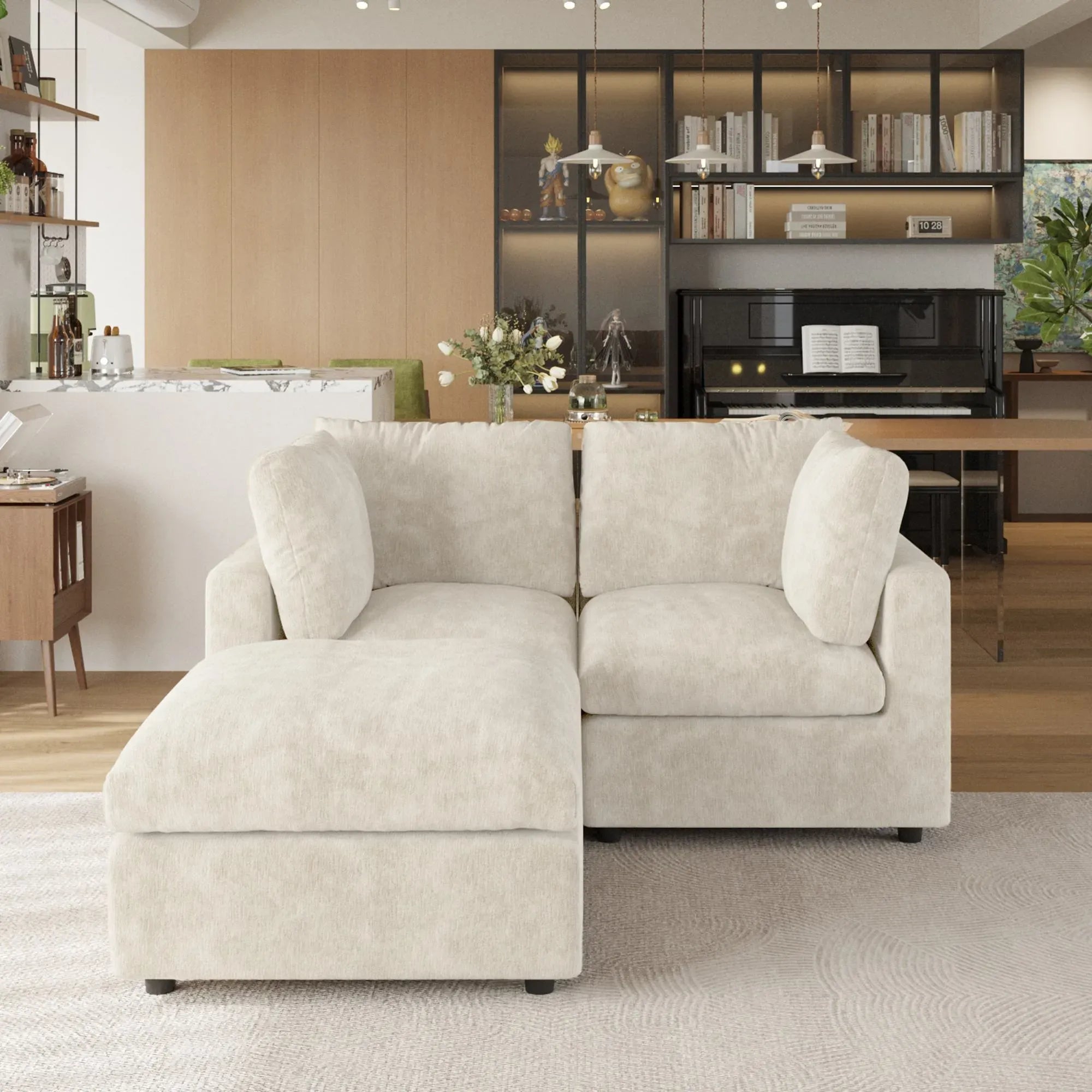 Beige sectional sofa in a living room with a piano and bookshelf in the background.