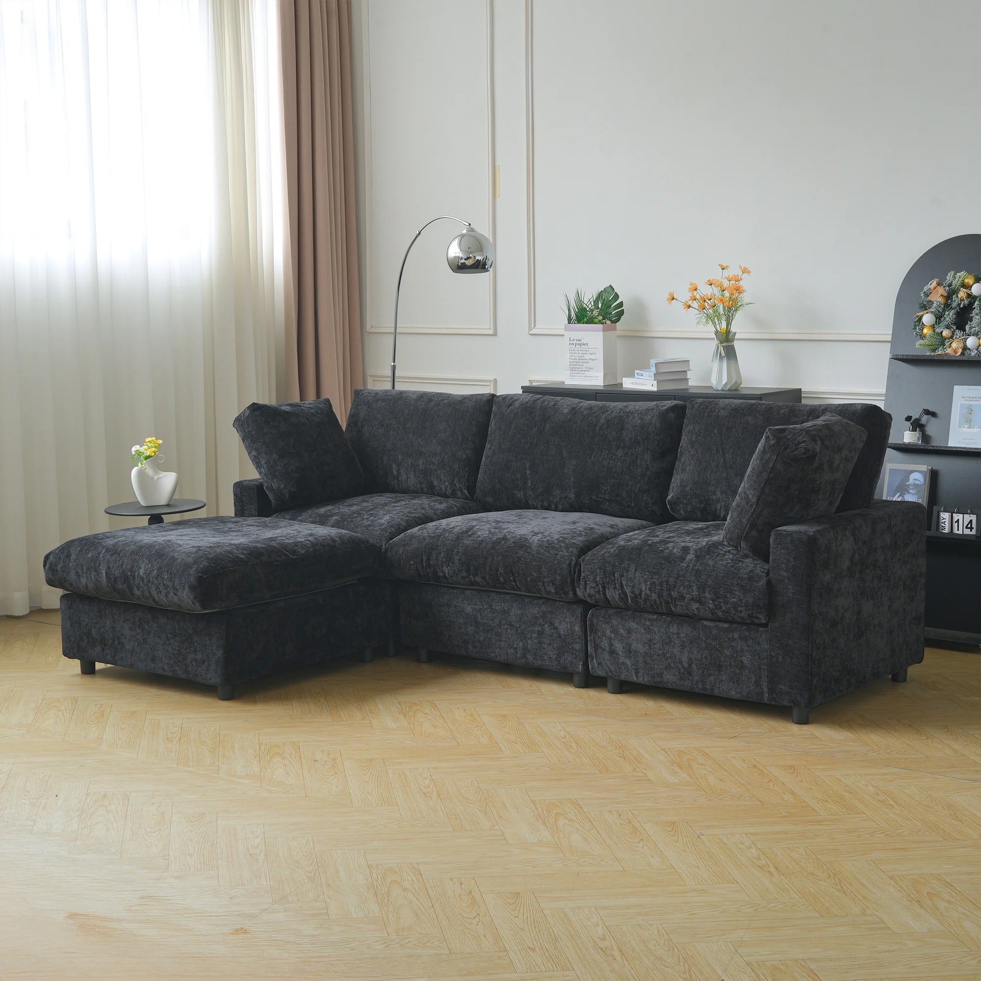 Black 3-seater L-shaped sectional with washable covers in chenille fabric