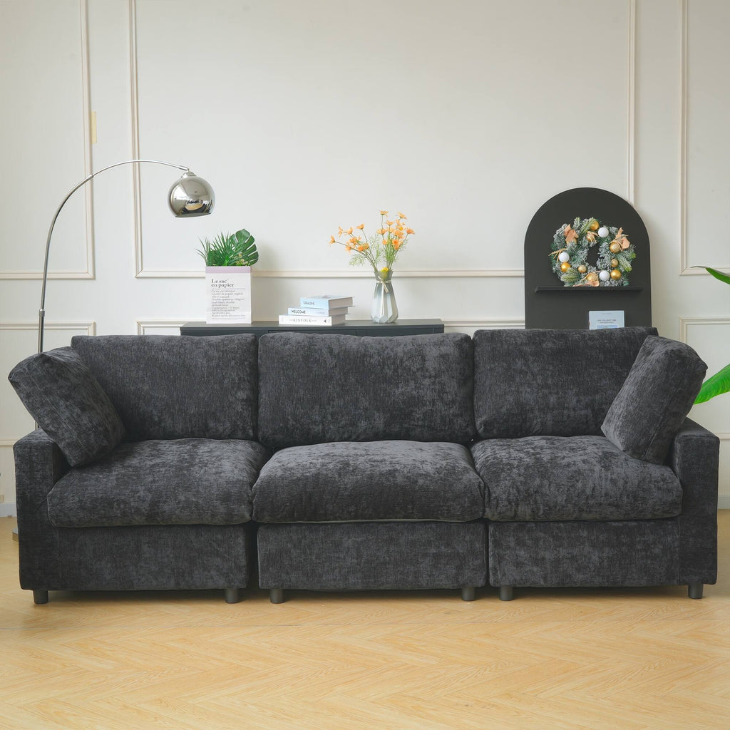 Black modular 3-seater sofa in chenille-linen blend with washable slipcovers