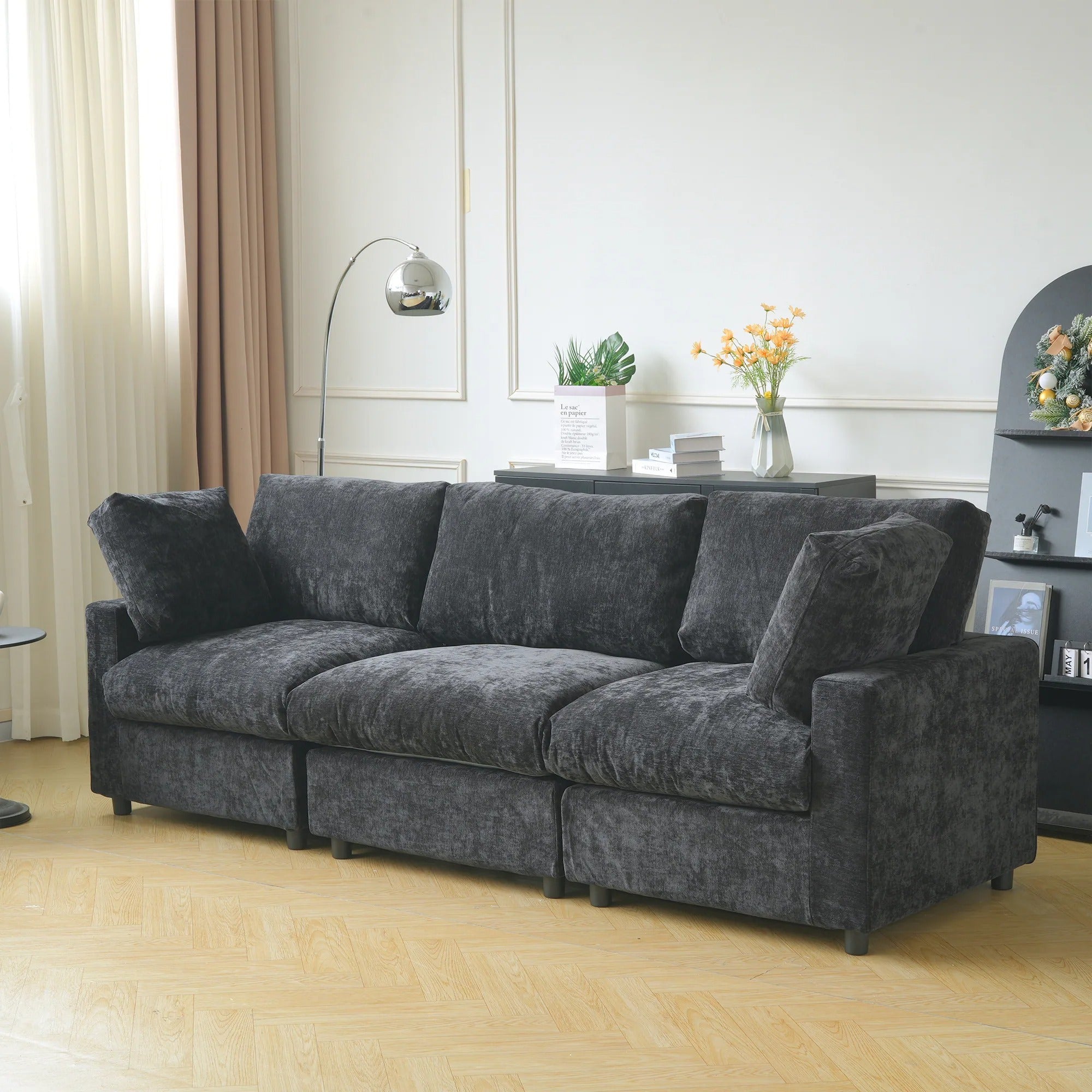 Chenille and linen black 3-seat sofa with replaceable slipcovers