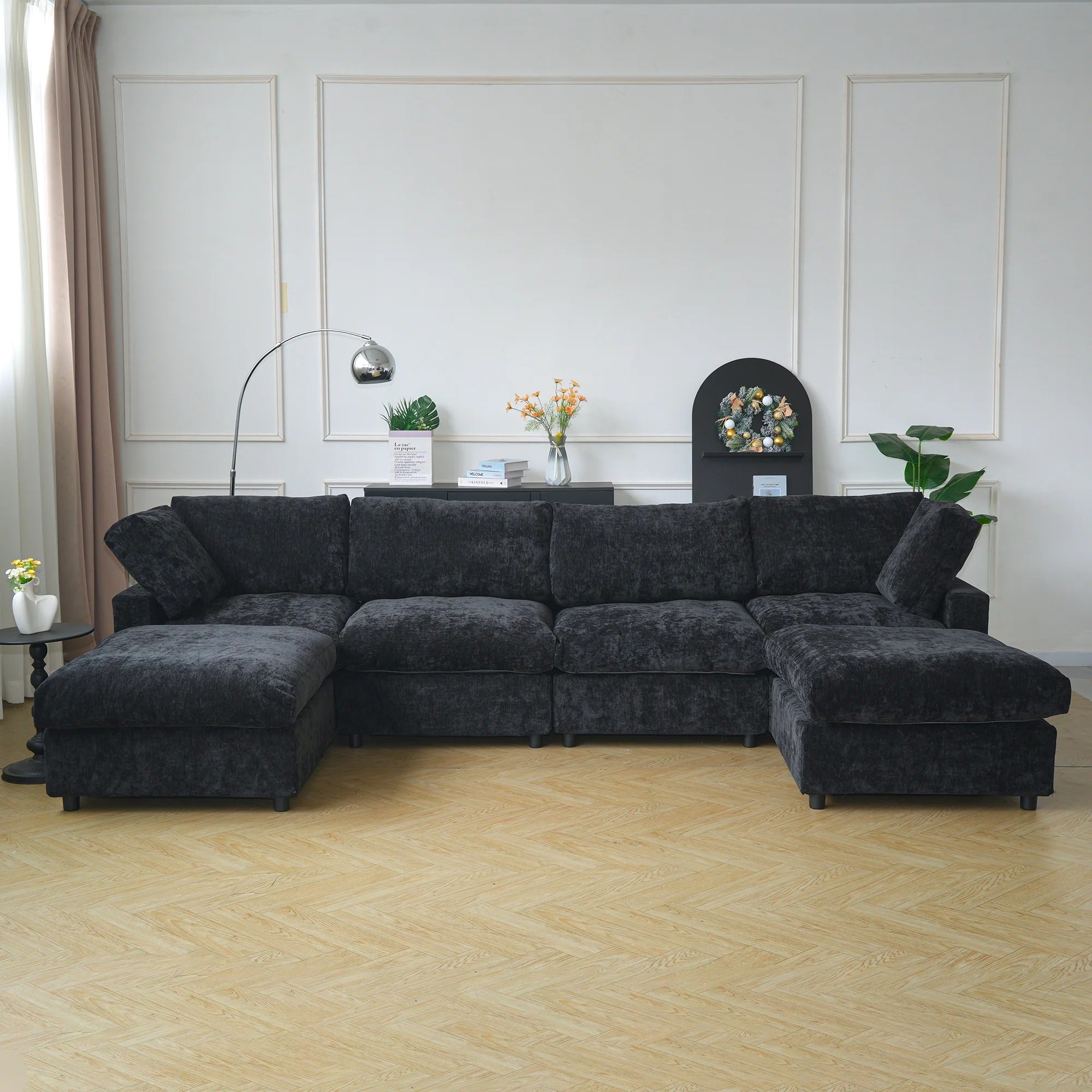 Black 4-seater U-shaped washable sectional in chenille-linen fabric with washable slipcovers