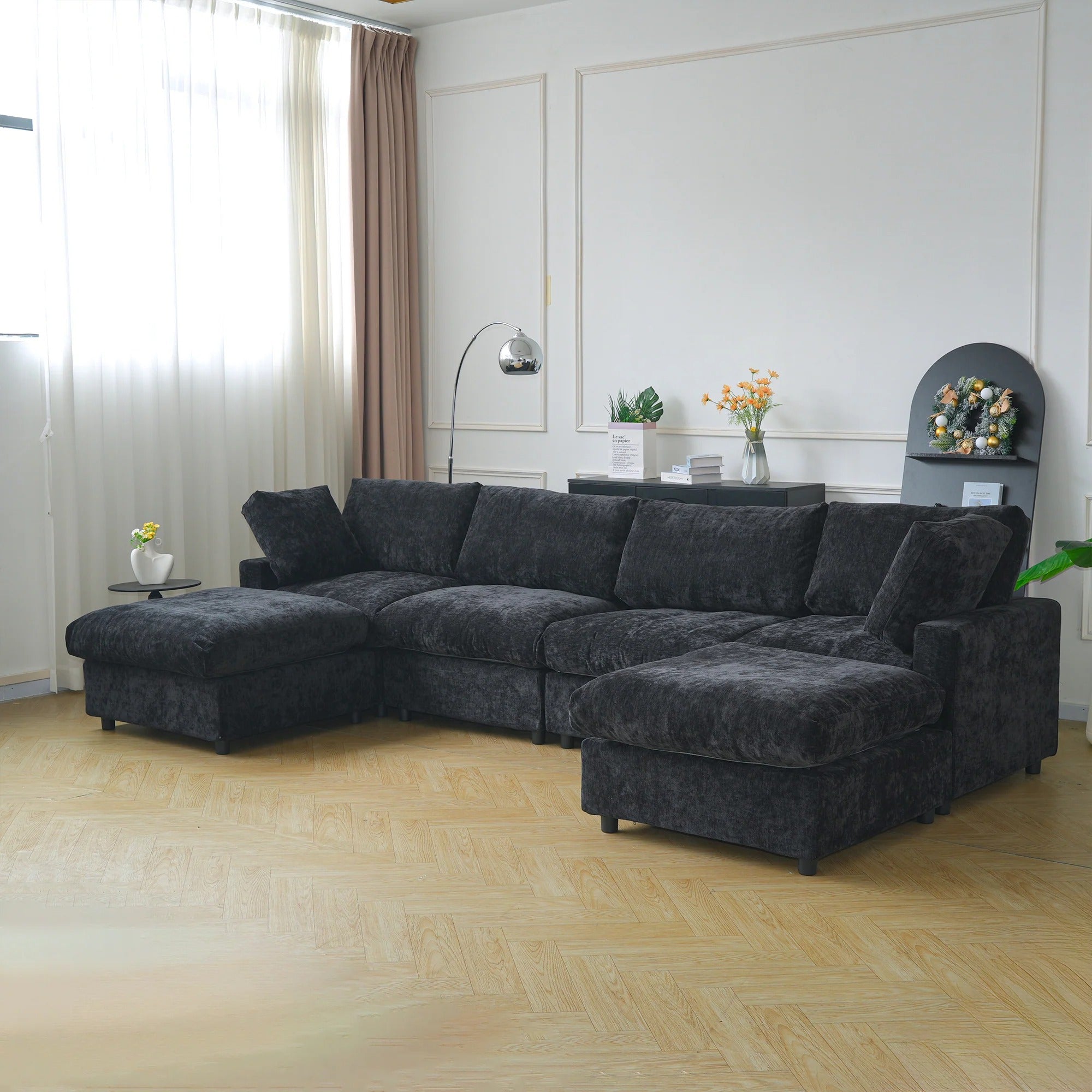 Black 4-seater U-shape washable sectional with replaceable slipcovers in chenille-linen fabric