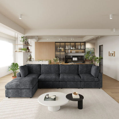 4-Seater with Ottoman Chenille and Linen Washable Sectional Sofa | Classica