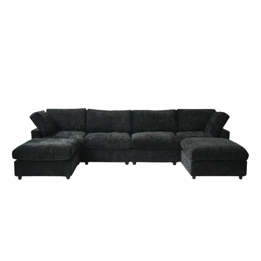 Black U-shaped 6-seater sectional sofa on a white background