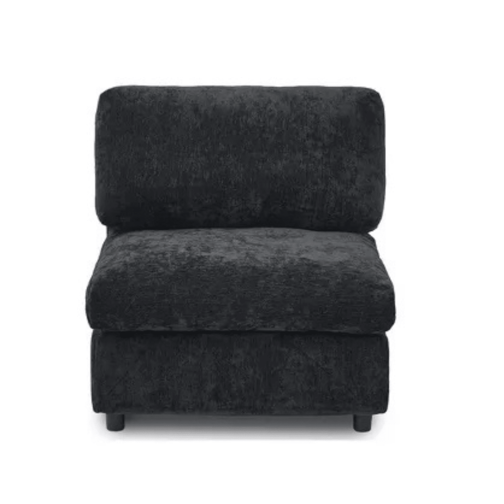 Black chenille-linen armless chair with washable covers, front view.
