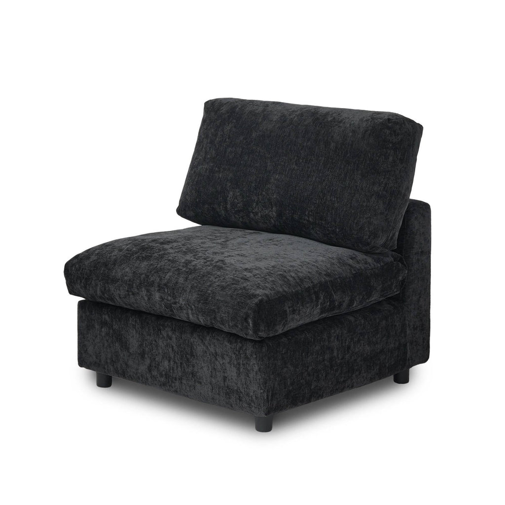 Black chenille-linen armless chair with washable covers, side view.