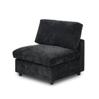Black chenille-linen armless chair with washable covers, side view.