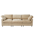 Beige sofa with three cushions on a white background
