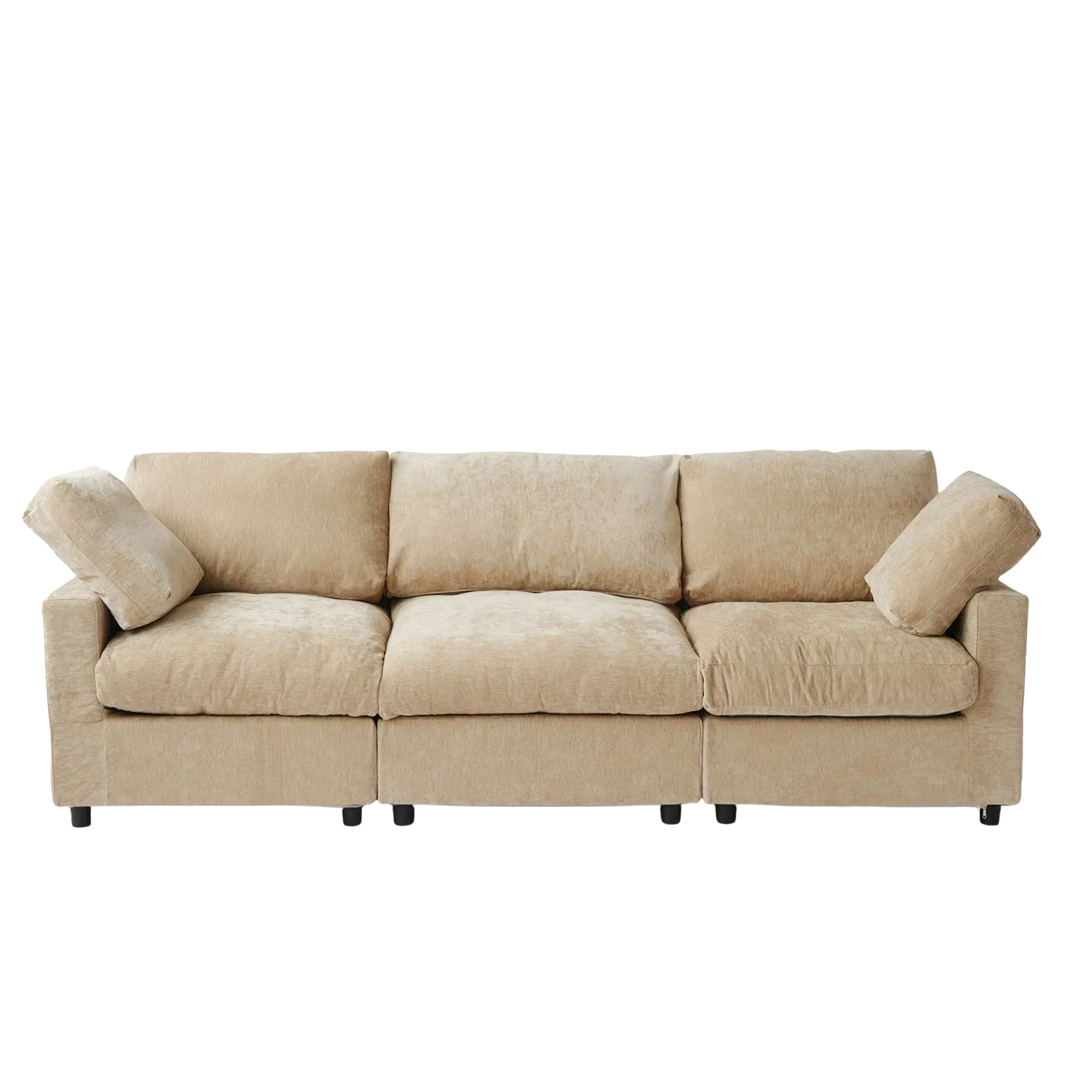 Beige sofa with three cushions on a white background