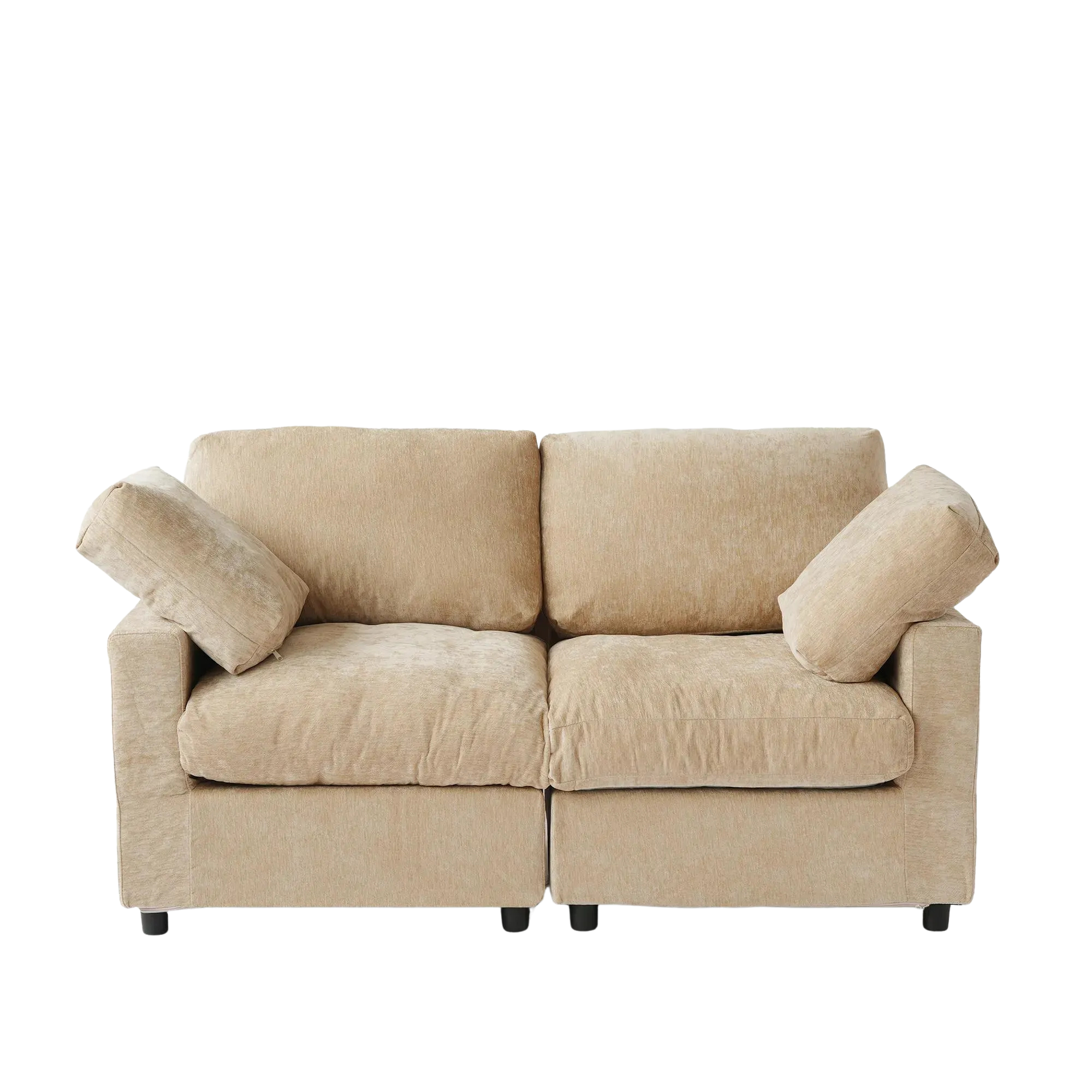 Beige sofa with two cushions on a white background