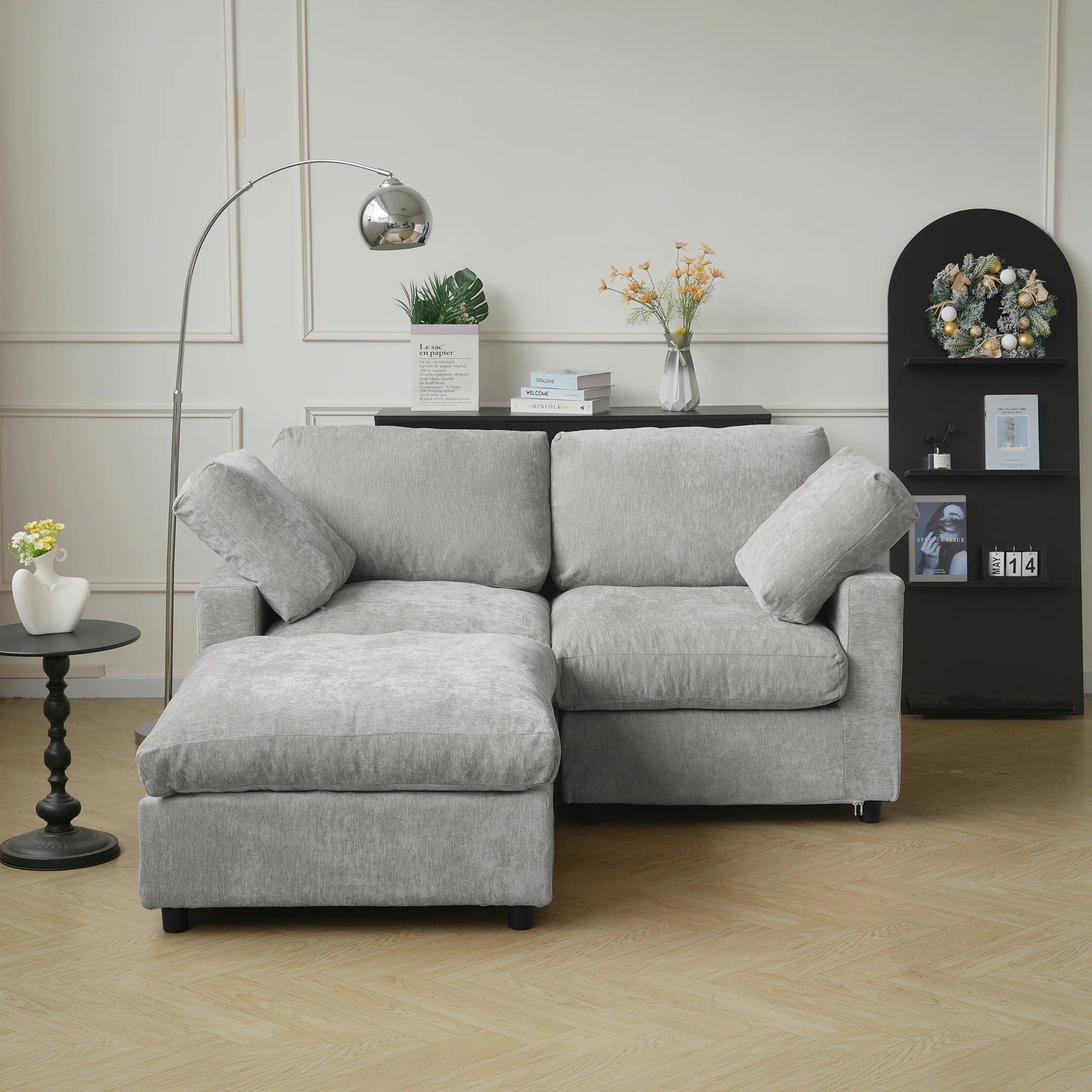Gray 2-seater sectional + ottoman upholstered in chenille-linen with washable slipcovers