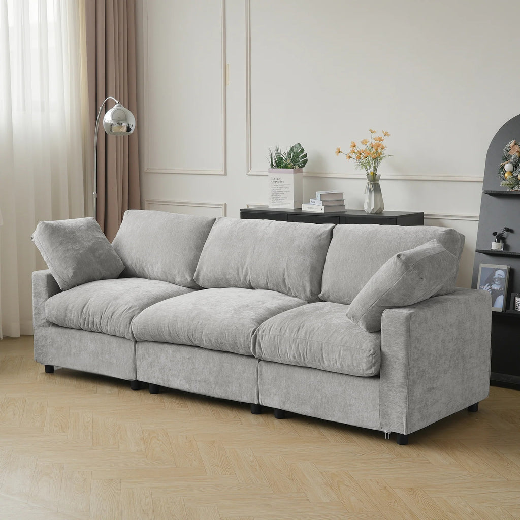 Washable gray 3-seat couch with replaceable covers in chenille and linen fabric