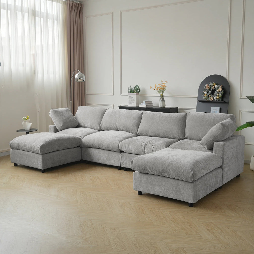 Gray 4-seat U-shape sectional upholstered in chenille and linen with washable slipcovers