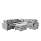 Gray V-shaped corner sectional sofa with ottoman on a white background