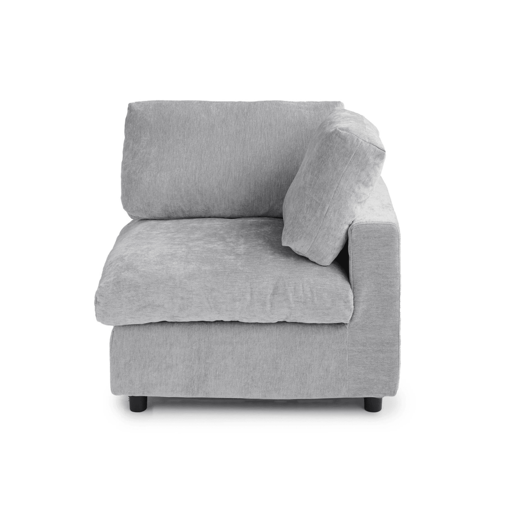 Gray chenille-linen washable left end-chair with track arm.