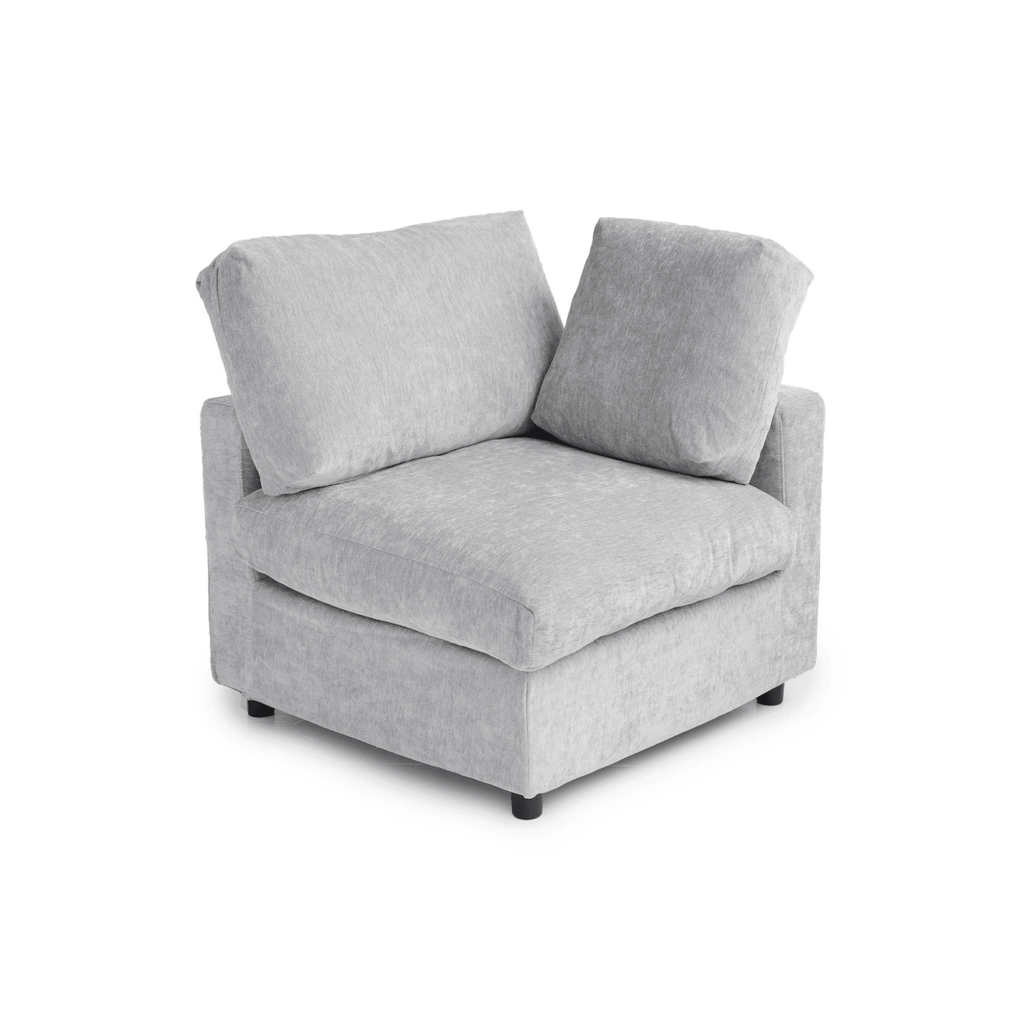 Gray chenille-linen washable left end-chair with track arm, side view.