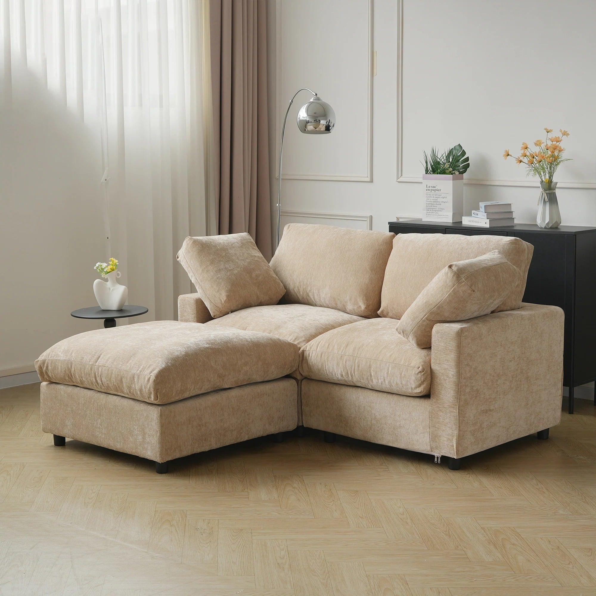 Khaki washable 2-seat sectional + ottoman with removable slipcovers