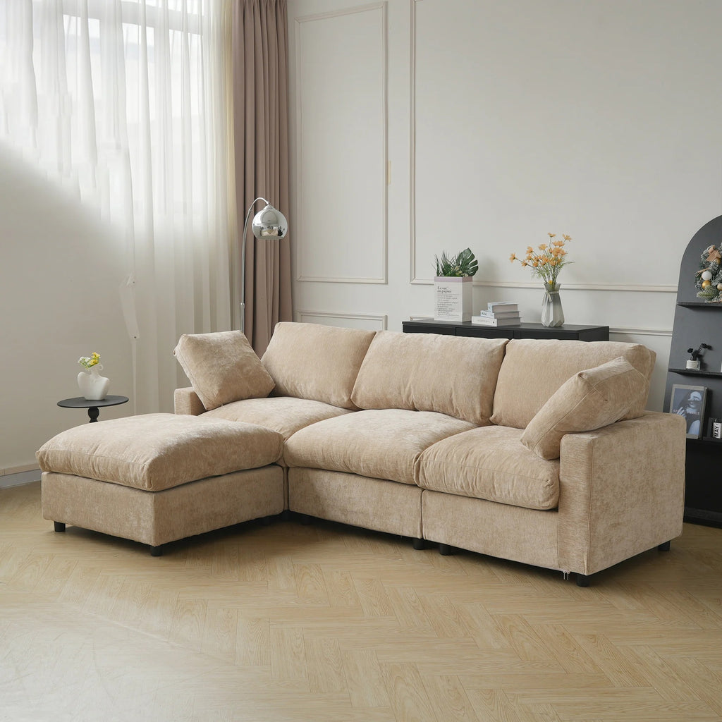 Khaki 3-seat L-shaped sectional with ottoman and washable covers, upholstered in chenille and linen