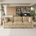 Khaki 3-seater sofa in a modern living room with decor elements.