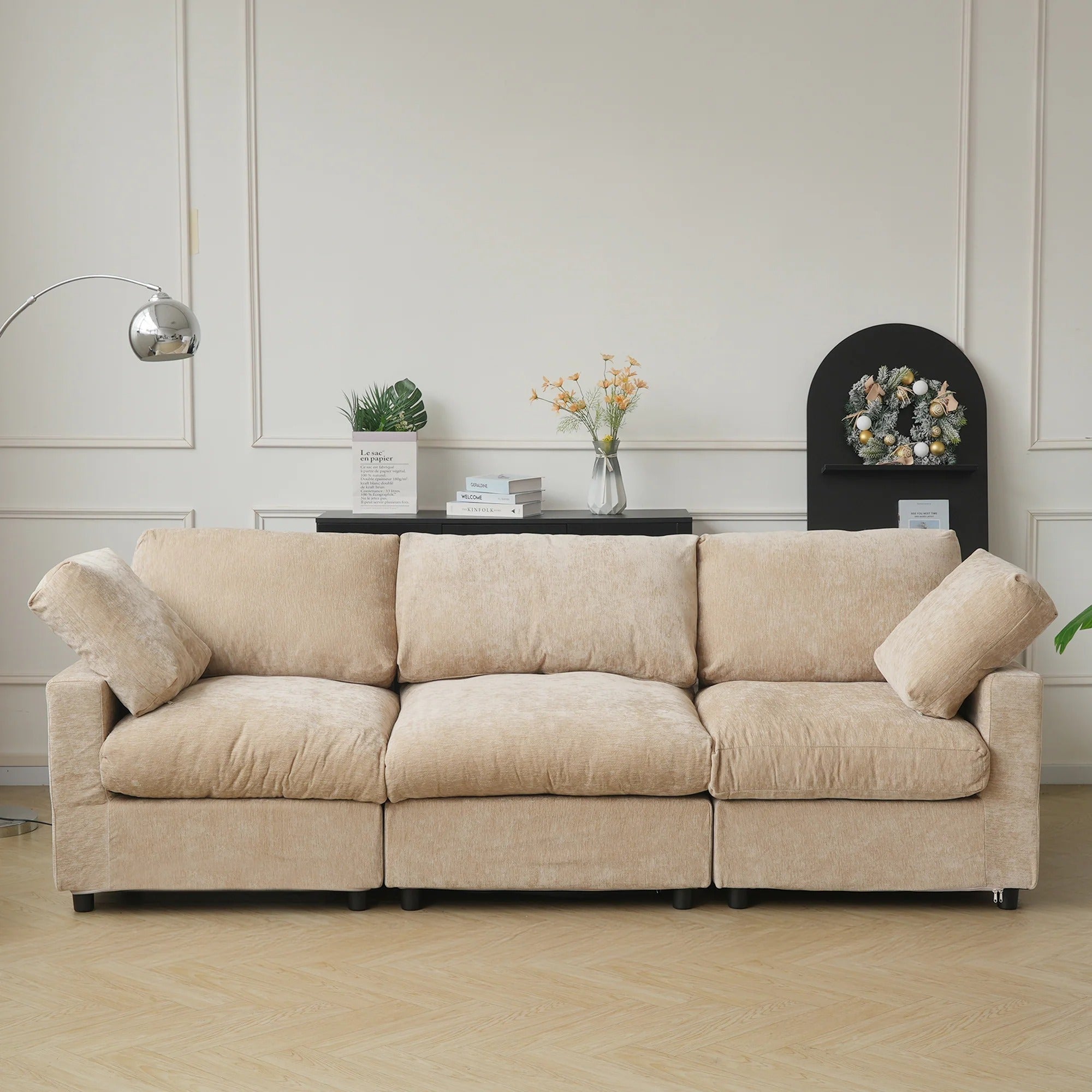 Beige 3-seater upholstered in chenille-linen fabric with washable slipcovers