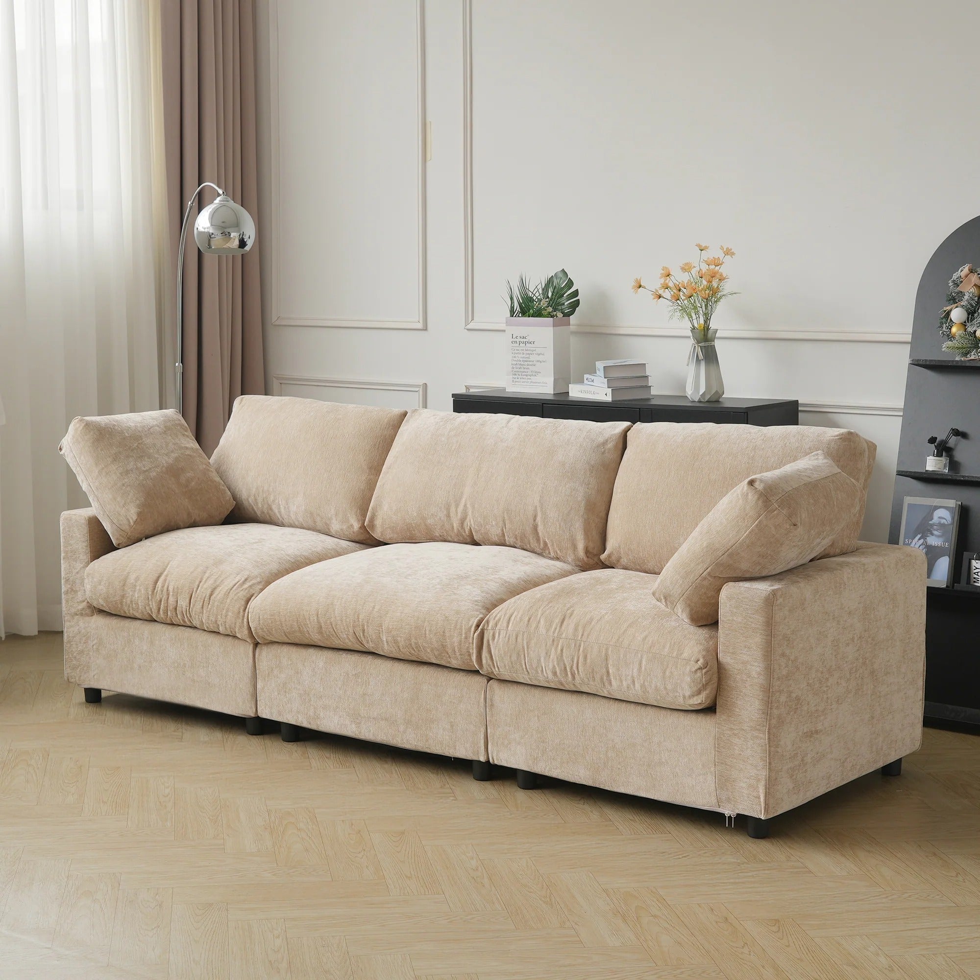 Khaki 3-seater sofa in chenille and linen with washable covers