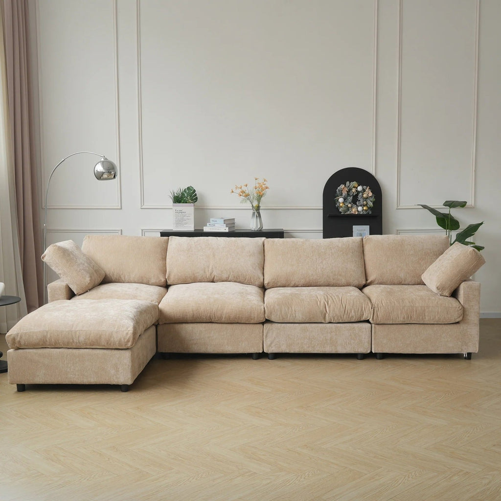 Khaki brown 4-seater L-shaped sectional with washable covers, upholstered in chenille-linen fabric.