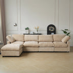 Khaki brown 4-seater L-shaped sectional with washable covers, upholstered in chenille-linen fabric.
