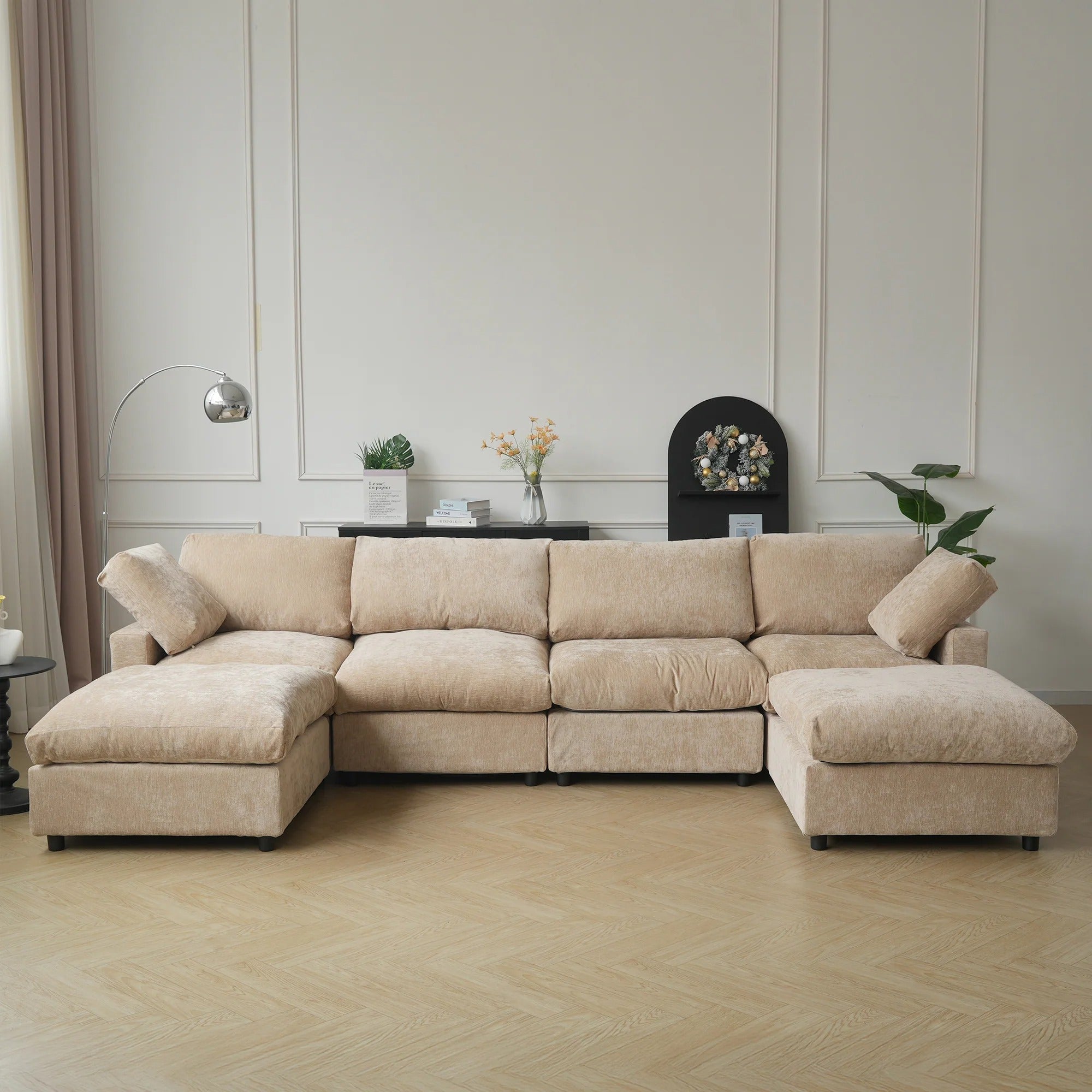 Khaki washable 4-seat U-shaped sectional with replaceable covers in chenille-linen