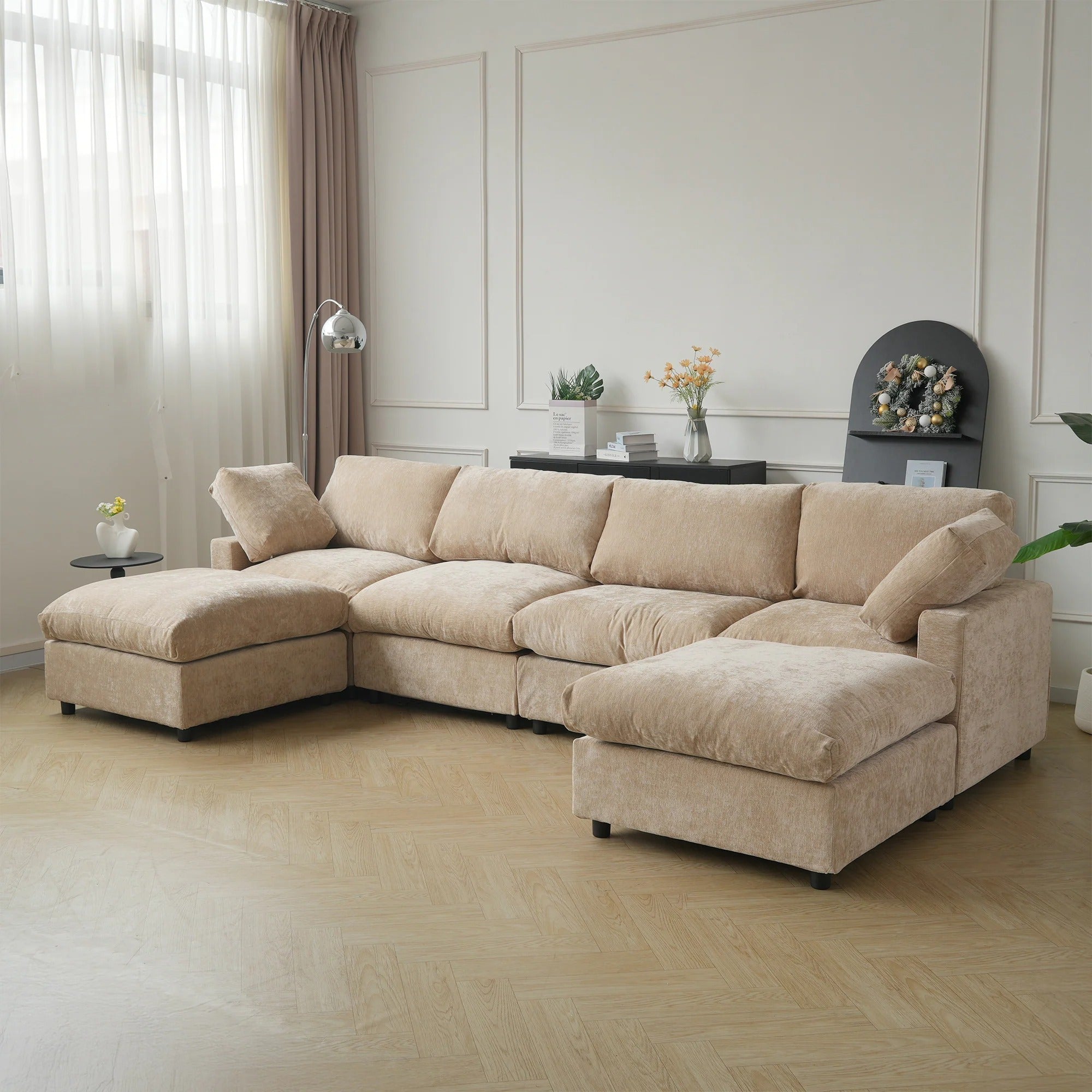 Khaki 4-seater U-shaped sectional with replaceable washable covers, upholstered in chenille and linen