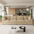 Khaki 4-seater sectional sofa in a modern living room with coffee tables and decorative items.