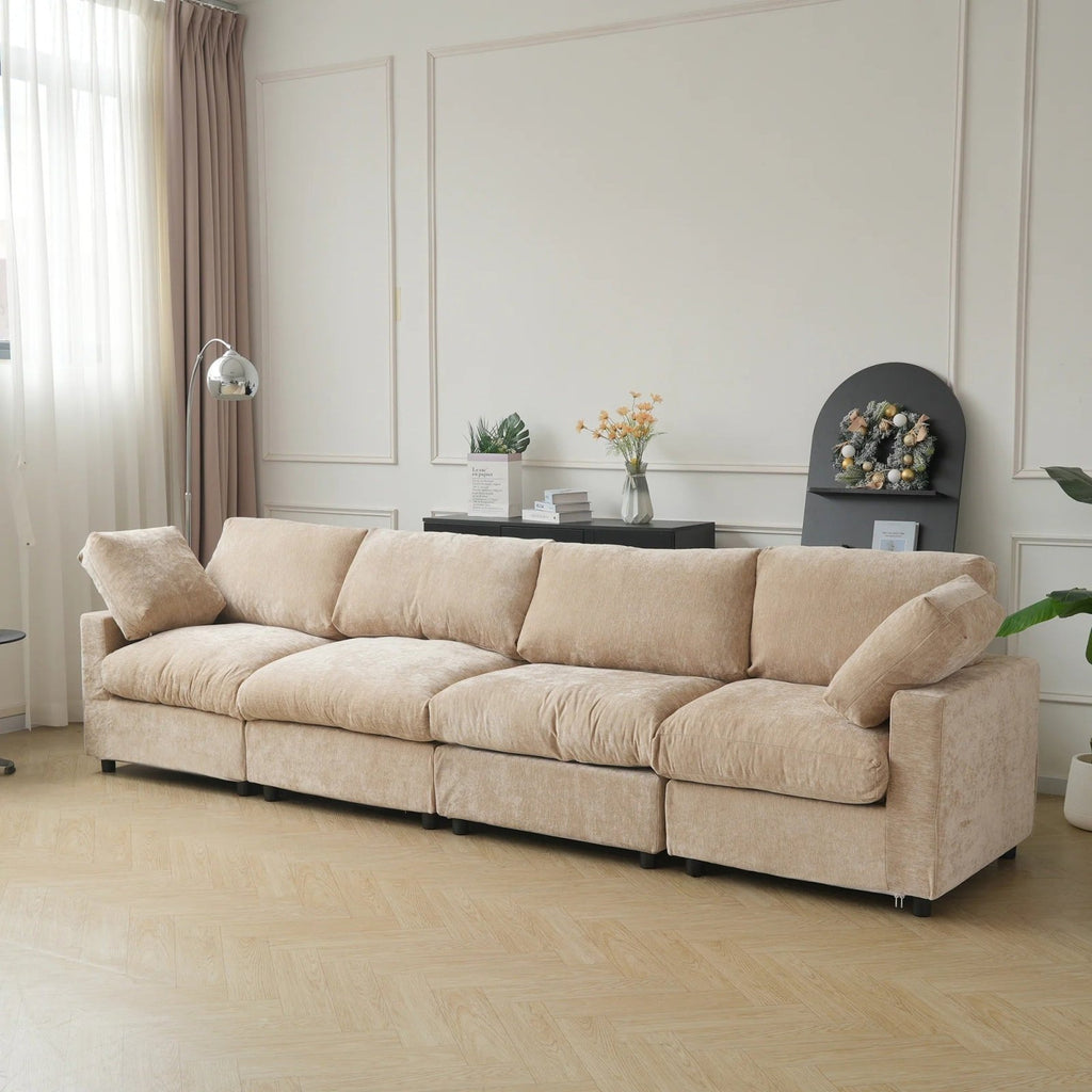 Khaki brown washable 4-seater sofa with track arms and replaceable covers.