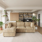 Khaki L-shaped 4-seater sectional sofa in a modern living room with plants and shelves.