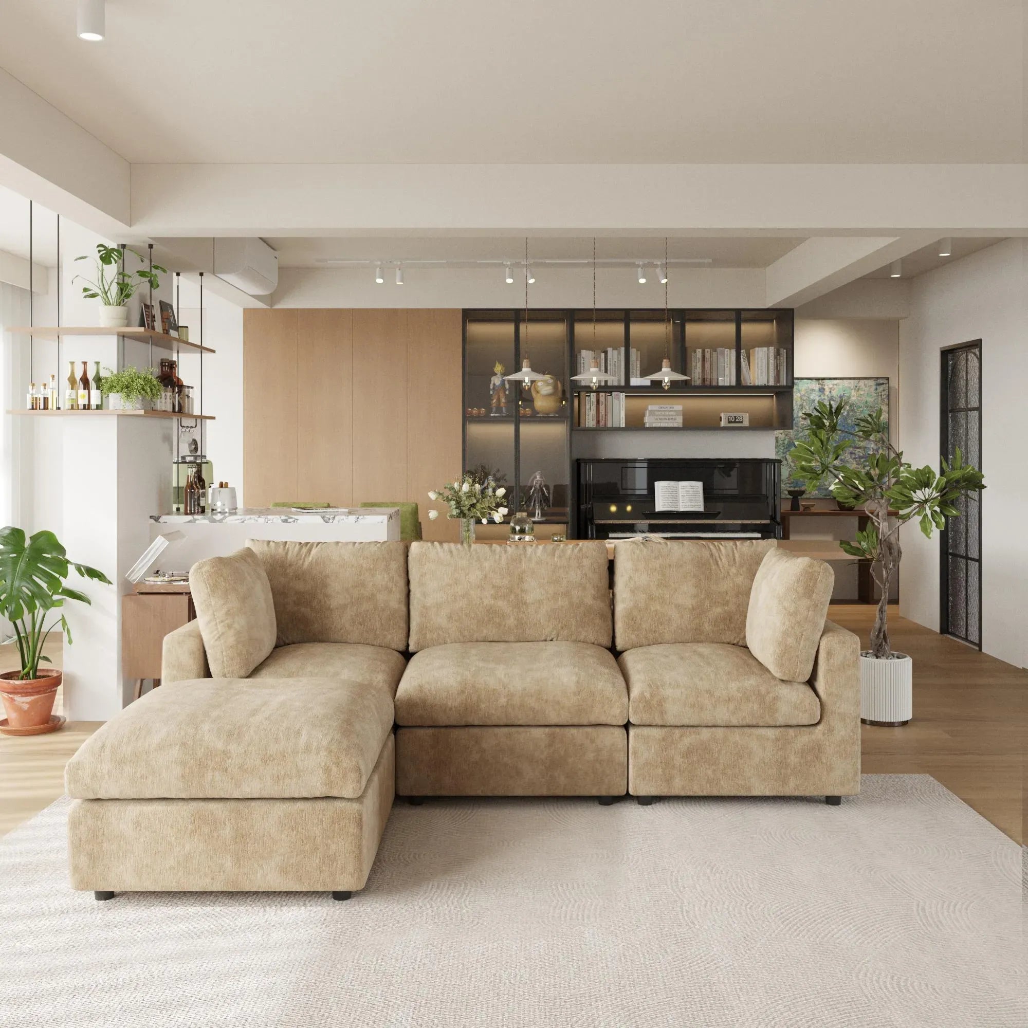 Khaki L-shaped 4-seater sectional sofa in a modern living room with plants and shelves.