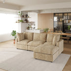 Khaki L-shaped 4-seater sectional sofa in a modern living room with kitchen in the background