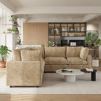 Khaki 5-seater corner sectional sofa in a modern living room with decor elements.