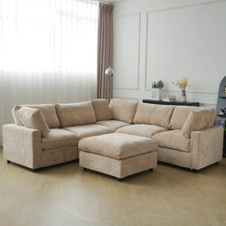 Khaki brown 5-seater corner sectional with ottoman upholstered in chenille-linen fabric.