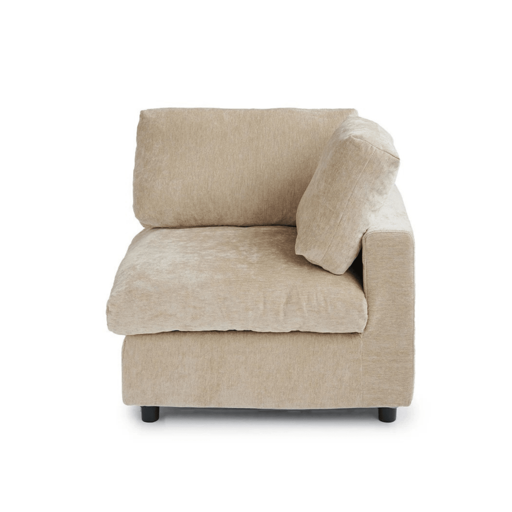 Khaki track arm left modular chair upholstered in chenille-linen fabric.