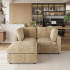 Khaki sectional sofa in a living room with a piano and bookshelf in the background.