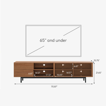 Mid-Century Modern Wood TV Stand with Louvered Slatted Doors, Open Storage, Tall-Cast Metal Legs