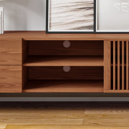 Mid-Century Modern Wood TV Stand with Louvered Slatted Doors, Open Storage, Tall-Cast Metal Legs