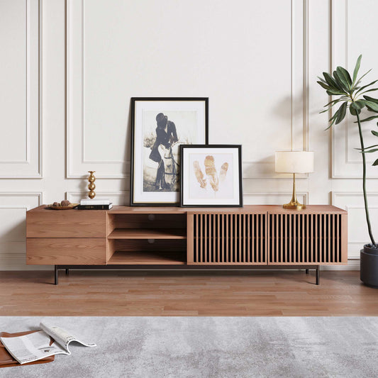 Mid-Century Modern Wood TV Stand with Louvered Slatted Doors, Open Storage, Tall-Cast Metal Legs