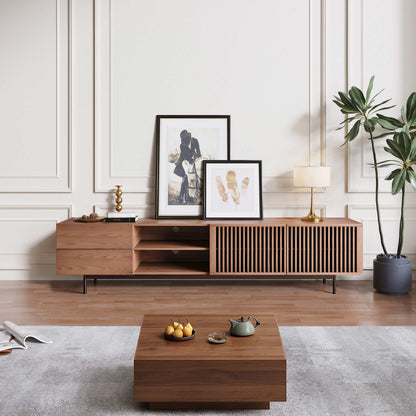 Mid-Century Modern Wood TV Stand with Louvered Slatted Doors, Open Storage, Tall-Cast Metal Legs
