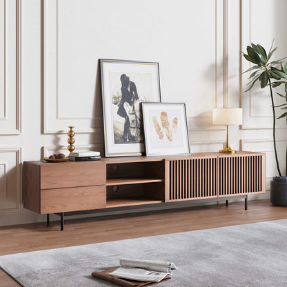 Mid-Century Modern Wood TV Stand with Louvered Slatted Doors, Open Storage, Tall-Cast Metal Legs
