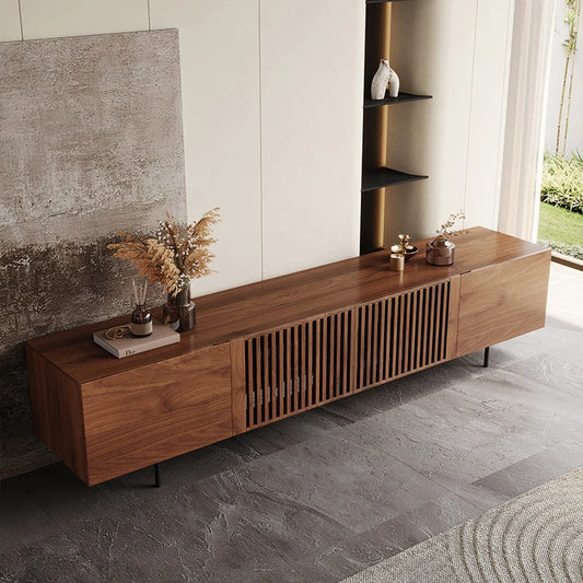 Modern Wood TV Stand, Minimalist Slatted Media Console with Tall-Cast Metal Legs, Walnut Veneer