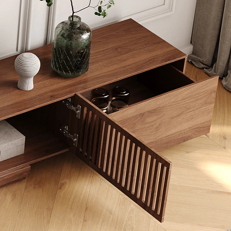 Mid Century Modern TV Stand, Retractable Wood Media Console with 2 Cabinets and 2 Drawers, Walnut Veneer