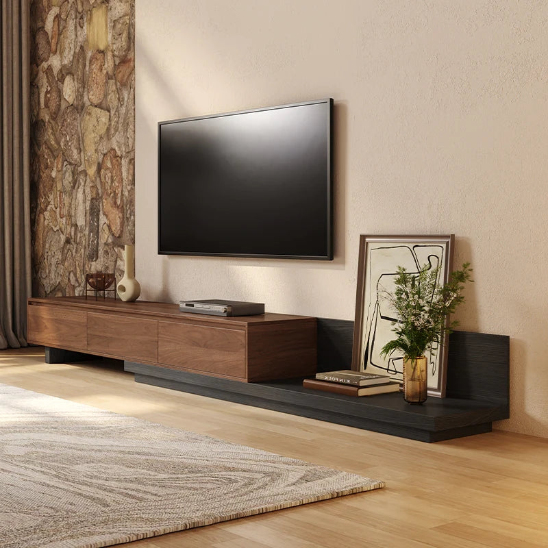 Crator Rectangle Wood Extendable TV Stand Black and Walnut Media Console with 3 Drawers