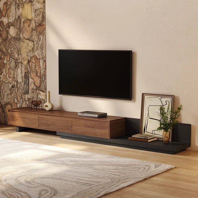 Crator Rectangle Wood Extendable TV Stand Black and Walnut Media Console with 3 Drawers