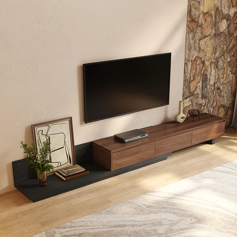 Crator Rectangle Wood Extendable TV Stand Black and Walnut Media Console with 3 Drawers