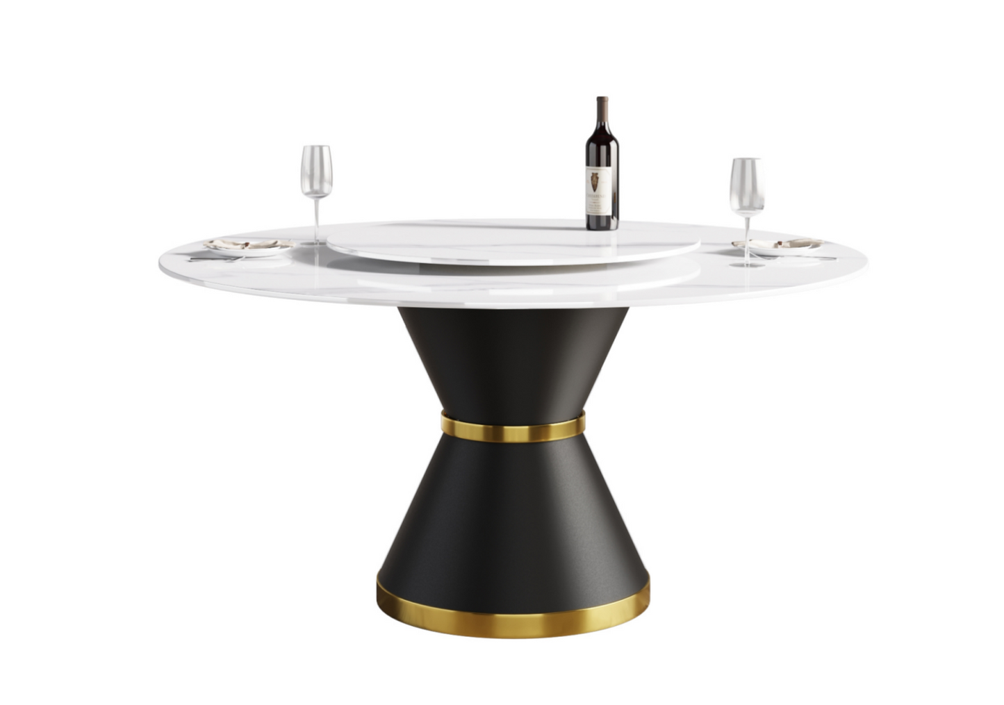 59.05" Round Pedestal Dining Table with White Sintered Stone and Lazy Susan