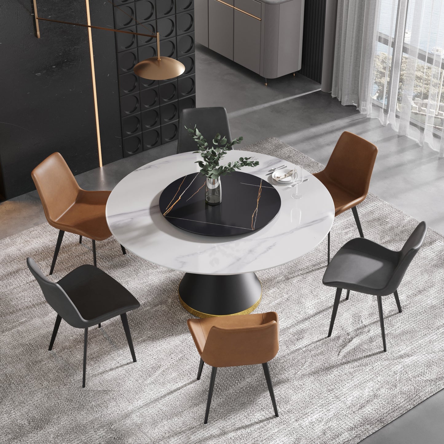 59.05" Round Pedestal Dining Table with White Sintered Stone and Lazy Susan